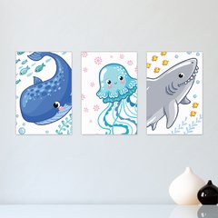 Kit 3 Placas Decorativas Fundo do Mar Infantil Bebe Quarto Menino Menina - 0112ktpl