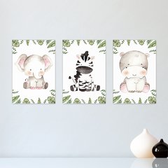 Kit 3 Placas Decorativas Safari Aquarela Infantil Bebe Quarto Menino Menina - 0127ktpl