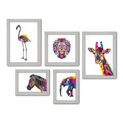 Kit Com 5 Quadros Decorativos - Animais Leão Flamingo - 013kq01 - Allodi