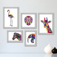 Kit Com 5 Quadros Decorativos - Animais Leão Flamingo - 013kq01 - comprar online