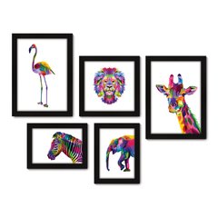 Kit Com 5 Quadros Decorativos - Animais Leão Flamingo - 013kq01 na internet