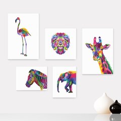 Kit 5 Placas Decorativas - Animais Leão Flamingo Casa Quarto Sala - 013ktpl5