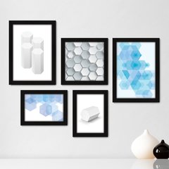 Kit Com 5 Quadros Decorativos - Abstrato Geometria Hexagono - 014kq01