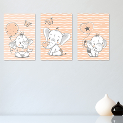 Kit 3 Placas Quadros Decorativos Elefantes Infantil Bebe Quarto Menino Menina - 0161ktpl