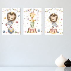 Kit 3 Placas Quadros Decorativos Safari Animais Circo Infantil Bebe Quarto Menino Menina - 0176ktpl