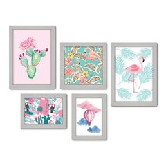 Kit Com 5 Quadros Decorativos - Flamingo Tucano Balão - 017kq01 - Allodi