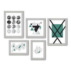 Kit Com 5 Quadros Decorativos - Abstrato Verde Geometria - 018kq01 - Allodi