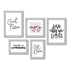 Kit Com 5 Quadros Decorativos - Frase Girl Power Mulher - 025kq01 - Allodi