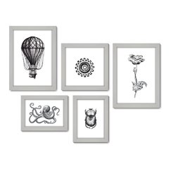 Kit Com 5 Quadros Decorativos - Vintage Balão Flor Polvo - 026kq01 - Allodi