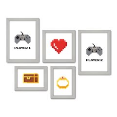 Kit Com 5 Quadros Decorativos - Gamer Player 1 e 2 Amor - 029kq01 - Allodi