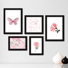 Kit Com 5 Quadros Decorativos - Flores Floral Borboleta - 031kq01