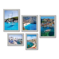 Kit Com 5 Quadros Decorativos - Grécia Mar Costa Barcos - 033kq01 - Allodi