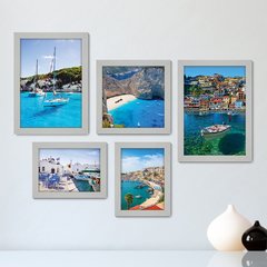 Kit Com 5 Quadros Decorativos - Grécia Mar Costa Barcos - 033kq01 - comprar online