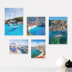 Kit 5 Placas Decorativas - Grécia Mar Costa Barcos Casa Quarto Sala - 033ktpl5