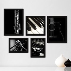 Kit Com 5 Quadros Decorativos - Música Violão Piano - 042kq01