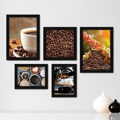 Kit Com 5 Quadros Decorativos - Café Cafeteria Lanchonete - 064kq01