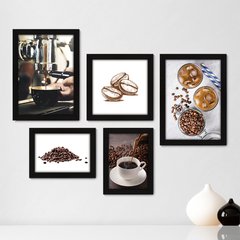 Kit Com 5 Quadros Decorativos - Café Cafeteria Lanchonete - 065kq01