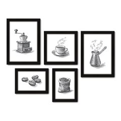 Kit Com 5 Quadros Decorativos - Café Cafeteria Lanchonete - 068kq01 na internet