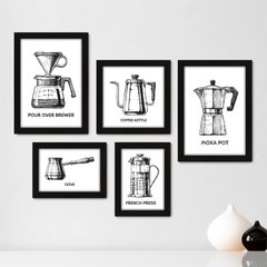 Kit Com 5 Quadros Decorativos - Café Cafeteria Lanchonete - 069kq01