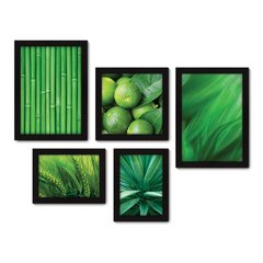 Kit Com 5 Quadros Decorativos - Folhas Natureza Verde Limão - 086kq01