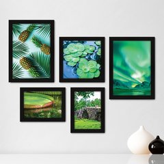 Kit Com 5 Quadros Decorativos - Verde Paisagem Natureza Folhas - 091kq01