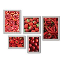 Kit Com 5 Quadros Decorativos - Vermelho Cozinha Frutas Legumes - 095kq01 - Allodi