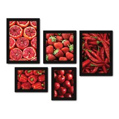 Kit Com 5 Quadros Decorativos - Vermelho Cozinha Frutas Legumes - 095kq01 na internet