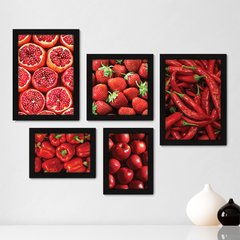 Kit Com 5 Quadros Decorativos - Vermelho Cozinha Frutas Legumes - 095kq01