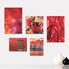 Kit 5 Placas Decorativas - Vermelho Paisagem Espaço Ny Casa Quarto Sala - 096ktpl5