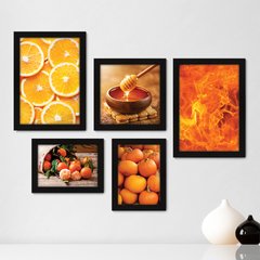 Kit Com 5 Quadros Decorativos - Cozinha Laranja Fogo Mel - 097kq01