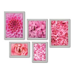 Kit Com 5 Quadros Decorativos - Floral Flores Rosas Rosa - 100kq01 - Allodi