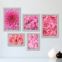 Kit Com 5 Quadros Decorativos - Floral Flores Rosas Rosa - 100kq01 - comprar online