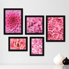 Kit Com 5 Quadros Decorativos - Floral Flores Rosas Rosa - 100kq01