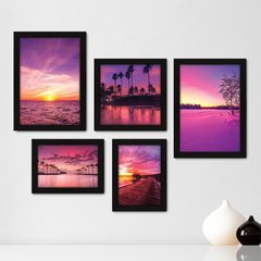 Kit Com 5 Quadros Decorativos - Paisagem Rosa Pôr do Sol - 102kq01