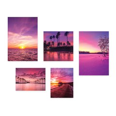 Kit 5 Placas Decorativas - Paisagem Rosa Pôr do Sol Casa Quarto Sala - 102ktpl5 - comprar online