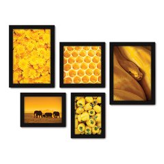 Kit Com 5 Quadros Decorativos - Amarelo Cobra Flor Elefantes - 105kq01 na internet