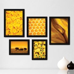 Kit Com 5 Quadros Decorativos - Amarelo Cobra Flor Elefantes - 105kq01