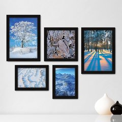 Kit Com 5 Quadros Decorativos - Inverno Montanhas Paisagem Folhas - 109kq01