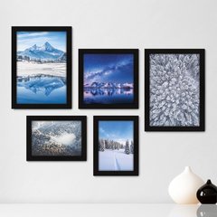 Kit Com 5 Quadros Decorativos - Inverno Montanhas Paisagem Árvores - 110kq01