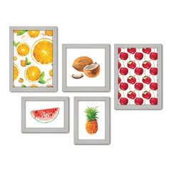 Kit Com 5 Quadros Decorativos - Cozinha Frutas Laranja Cereja - 114kq01 - Allodi