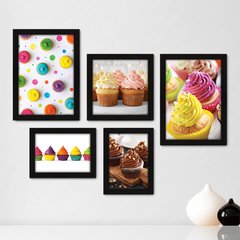 Kit Com 5 Quadros Decorativos - Cupcake Doceria Lanchonete Cozinha - 117kq01