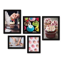 Kit Com 5 Quadros Decorativos - Cupcake Doceria Lanchonete Cozinha - 118kq01 na internet