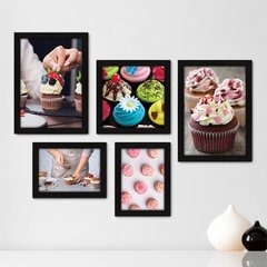 Kit Com 5 Quadros Decorativos - Cupcake Doceria Lanchonete Cozinha - 118kq01