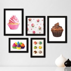 Kit Com 5 Quadros Decorativos - Cupcake Doceria Lanchonete Cozinha - 119kq01