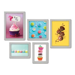 Kit Com 5 Quadros Decorativos - Cupcake Doceria Lanchonete Cozinha - 120kq01 - Allodi
