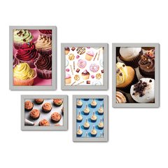 Kit Com 5 Quadros Decorativos - Cupcake Doceria Lanchonete Cozinha - 121kq01 - Allodi
