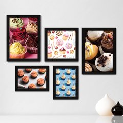 Kit Com 5 Quadros Decorativos - Cupcake Doceria Lanchonete Cozinha - 121kq01