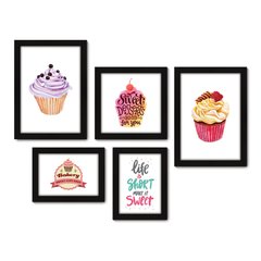 Kit Com 5 Quadros Decorativos - Cupcake Doceria Frase Cozinha - 122kq01 na internet