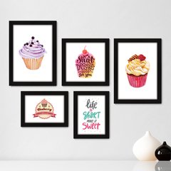 Kit Com 5 Quadros Decorativos - Cupcake Doceria Frase Cozinha - 122kq01