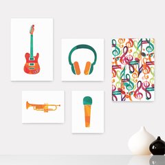 Kit 5 Placas Decorativas - Música Notas Musicais Instrumentos Casa Quarto Sala - 124ktpl5